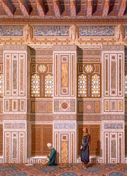 El Cairo: Interior de la Mezquita de Qaitbay; adoradores rezan en la pared lateral del Mihrab siglo XV, siglo XIX